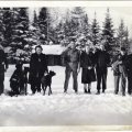 Christmas at Crane Lake 1948-49. Left to right, William Baylis, Agnes Ostlund, Dick Gordon, Fay and Harry Gordon, Jack Murphy and Bogo, Johnny Gustafson and Oscar Nord